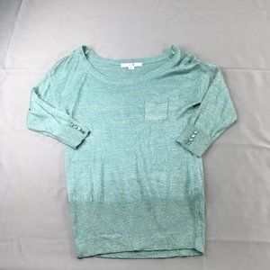 XXI Womens Sweater Green Medium Shimmer 3/4 Sleeve Pullover Lightweight #0833